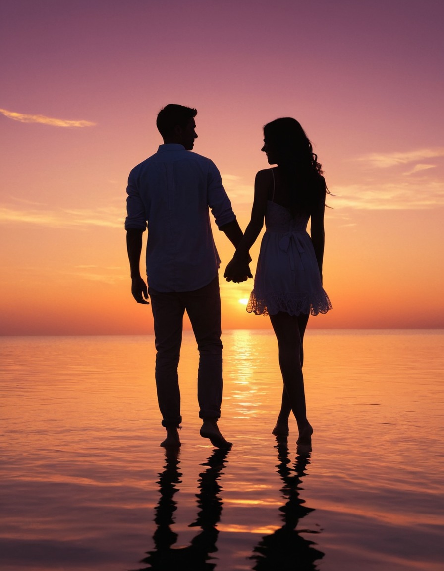 sunset, silhouettes, love, couple, holding hands