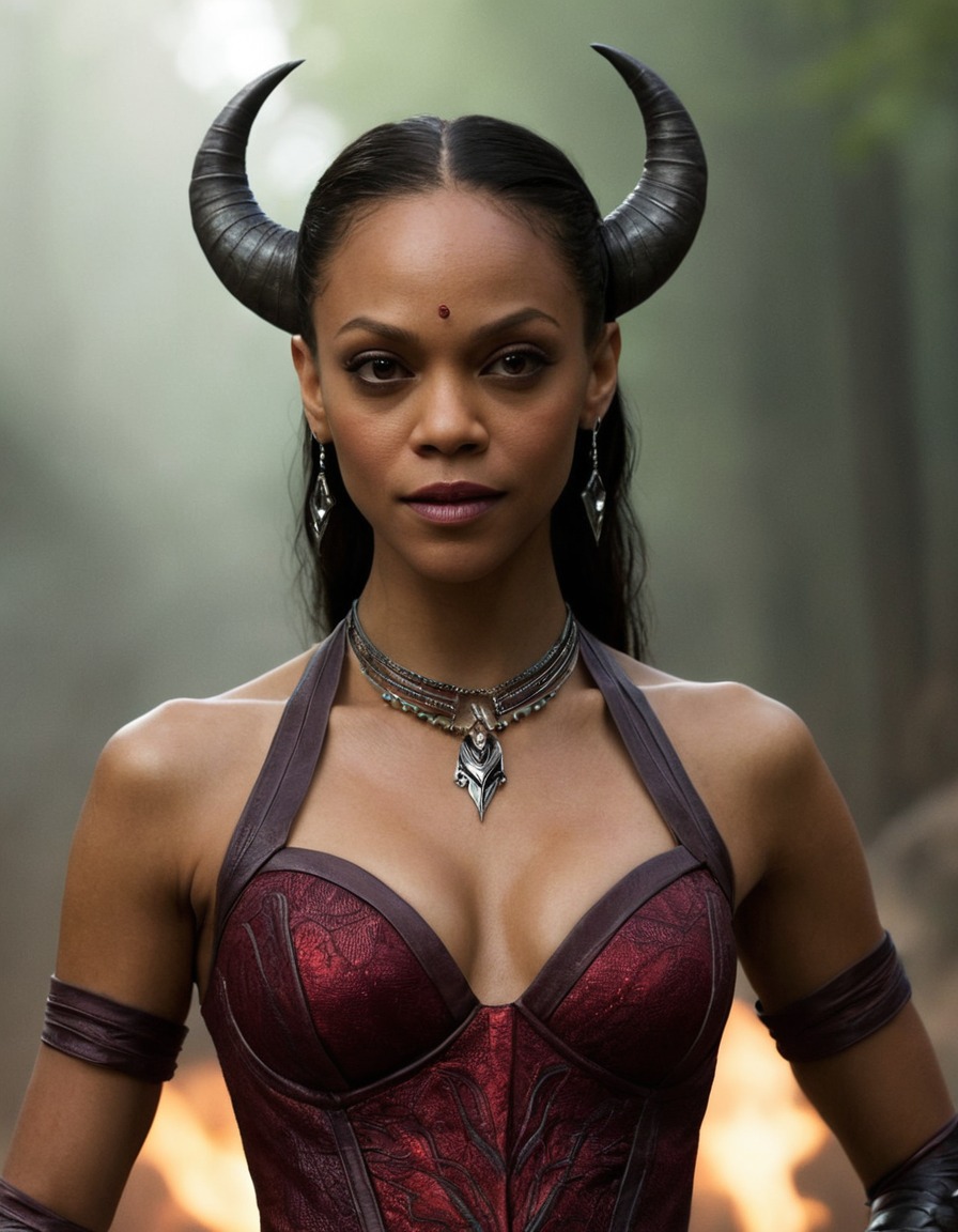 zoe saldana, actress, demon, character transformation, hollywood, fantasy, role-playing