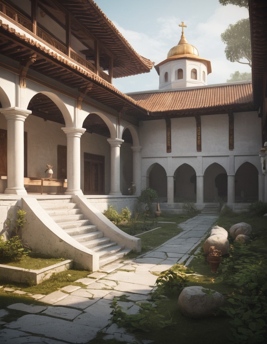 monastery, peaceful, courtyard, traditional architecture, tranquility