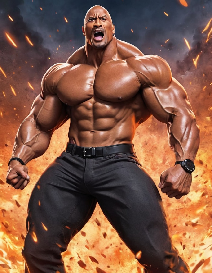 dwayne johnson, anime, powerful, muscles, dynamic pose