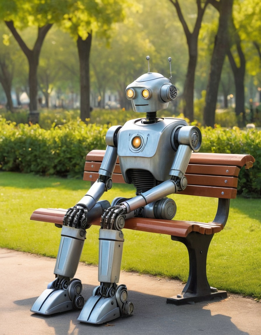 robot, elderly, park bench, reminiscing, past, robots