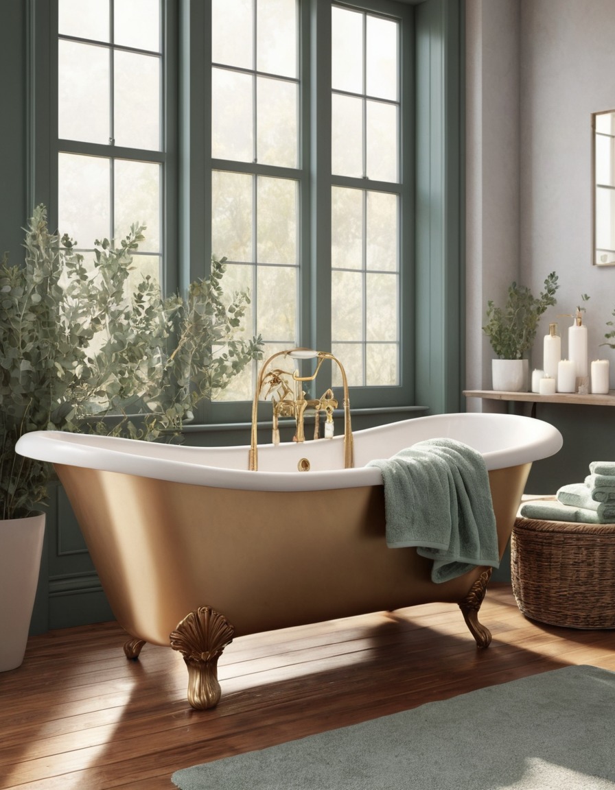 bathroom, clawfoot tub, fluffy towels, eucalyptus, relaxation, home, interior