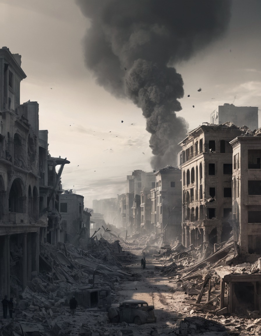 destruction, war, cityscape, ruins, smoke