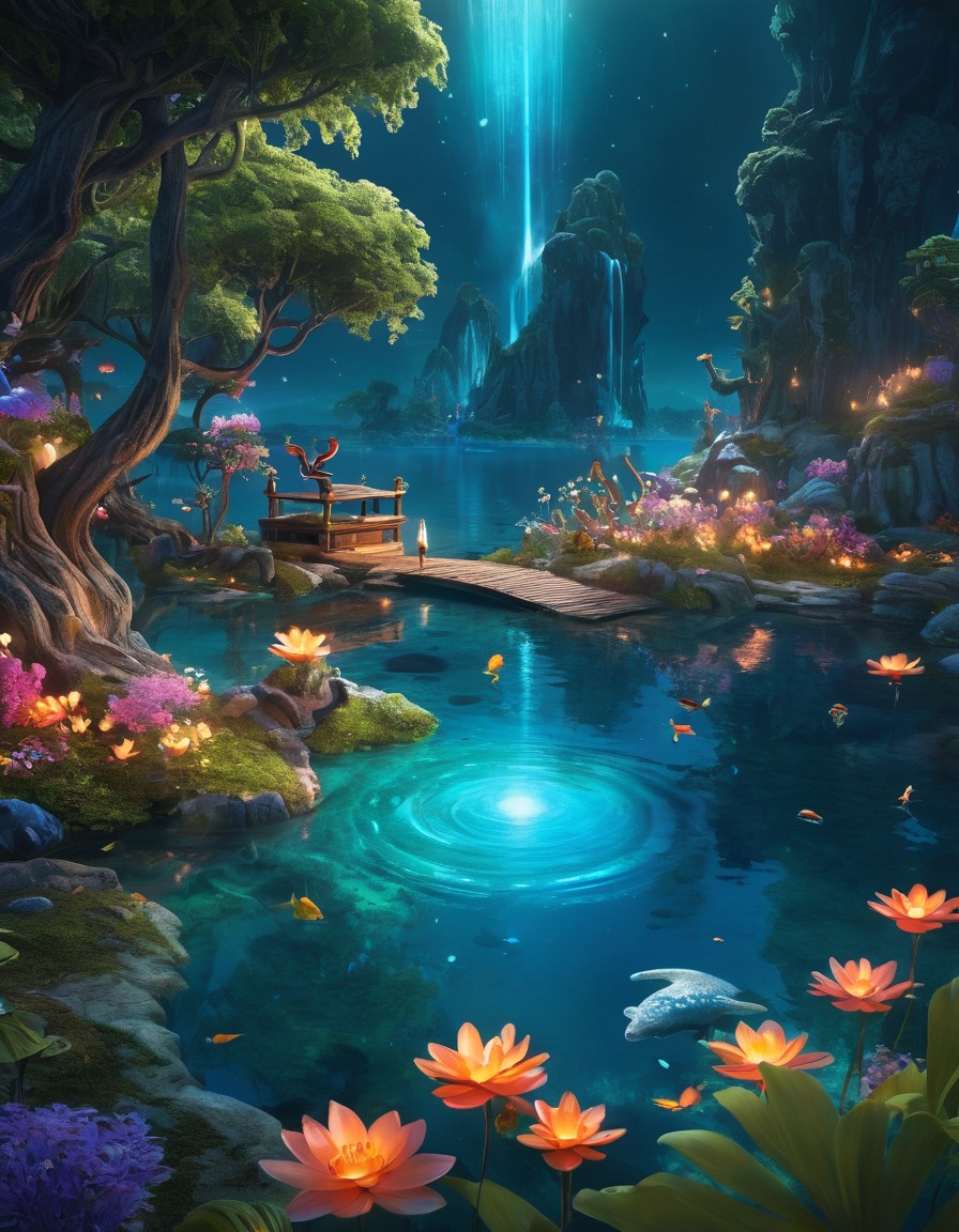 fantasy, lake, flowers, creatures, serene, magical, fantastic