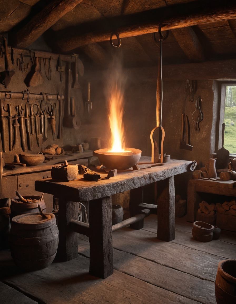 ancient blacksmith, forging tools, workshop, viking age, scandinavia, 800 ad, craftsmanship