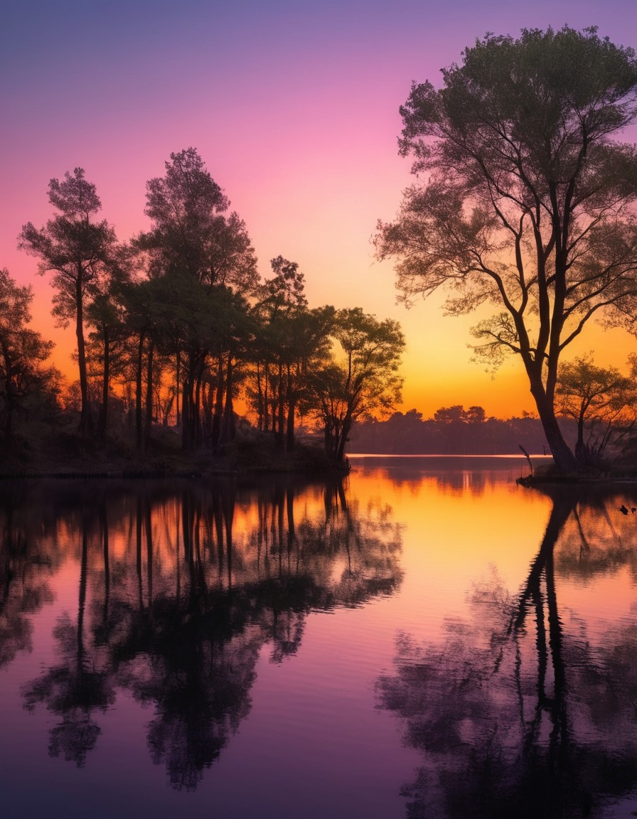 nature, sunset, lake, trees, reflection