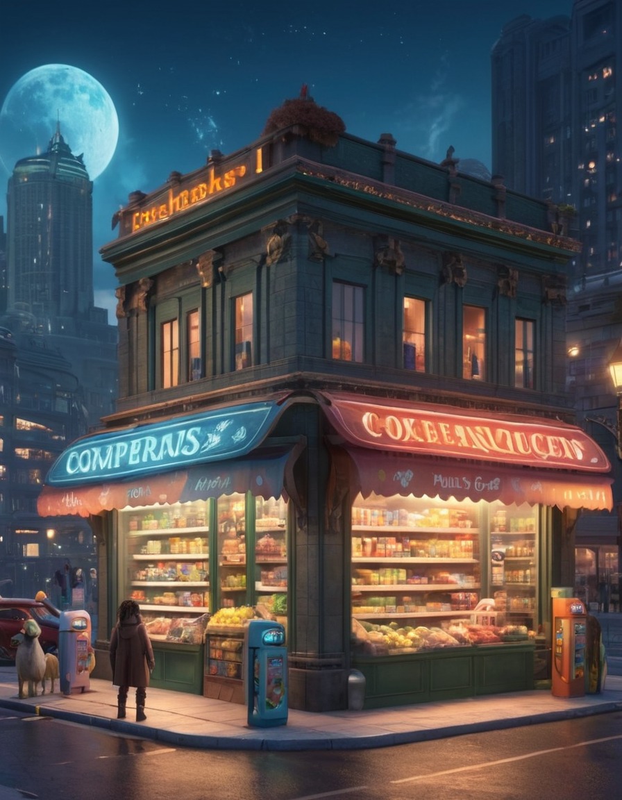 convenience store, fantasy, big city, fictional creatures, urban fantasy