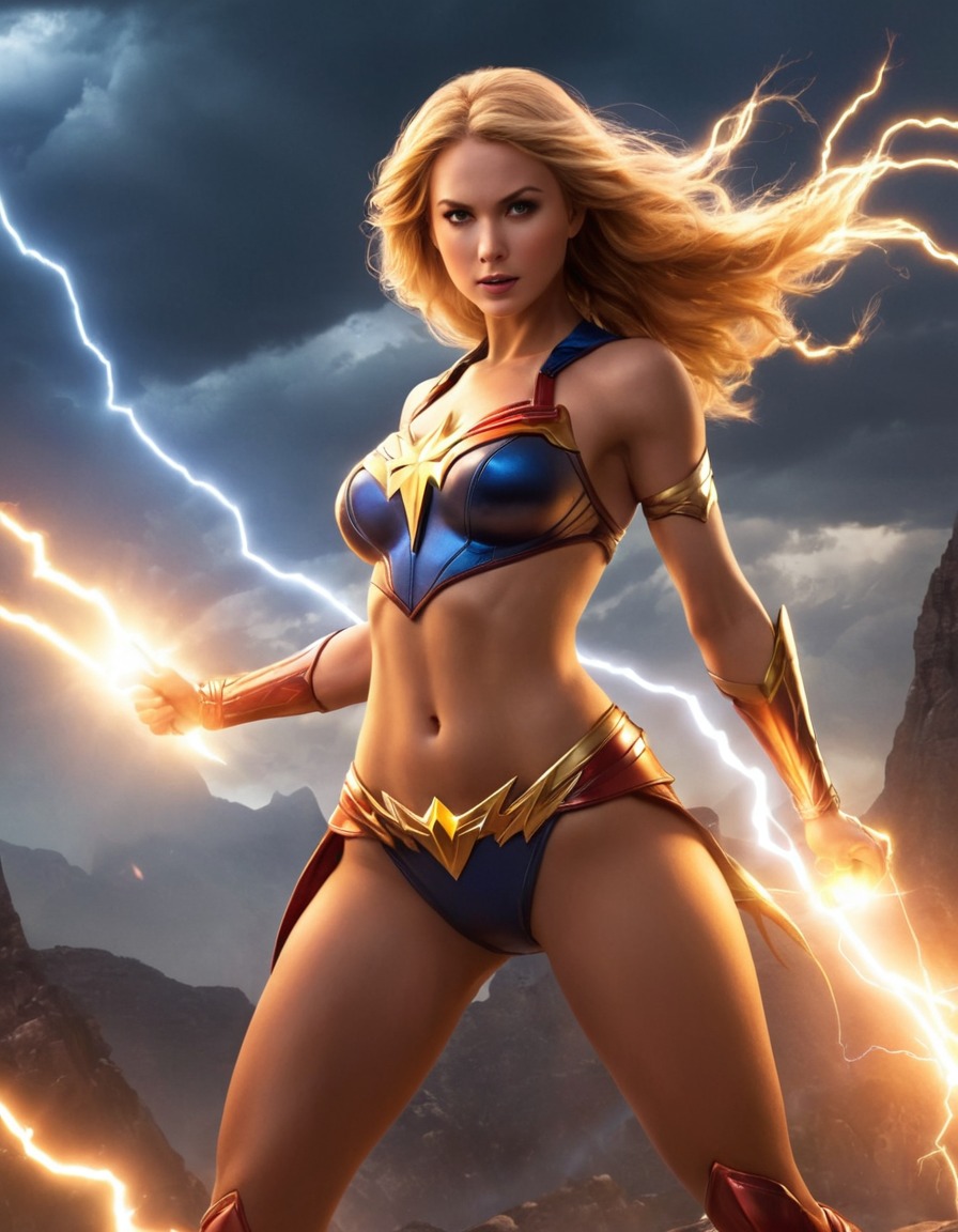 superhero, lightning bolt, battle, power, fiction, superheroine, nsfw, sexy