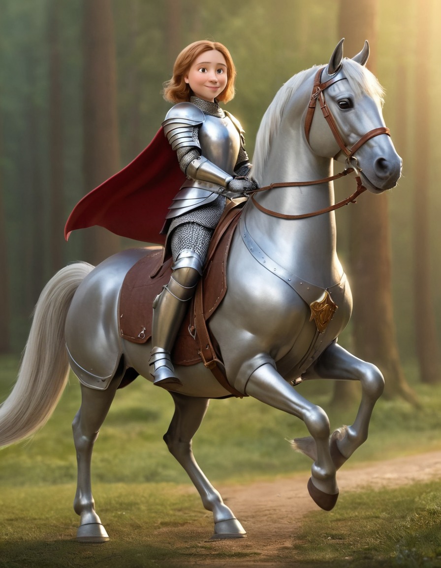 joan of arc, caricature, oversized armor, tiny horse, humor, historical figure, funny