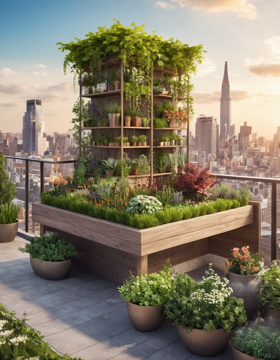 rooftop garden, cityscape view, urban living, nature integration, nature, city