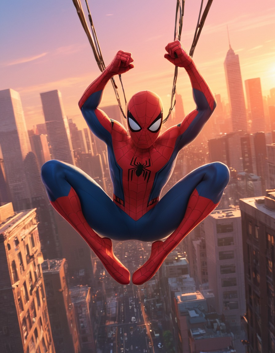 superhero, spider-man, city, sunset, skyline, anime, marvel