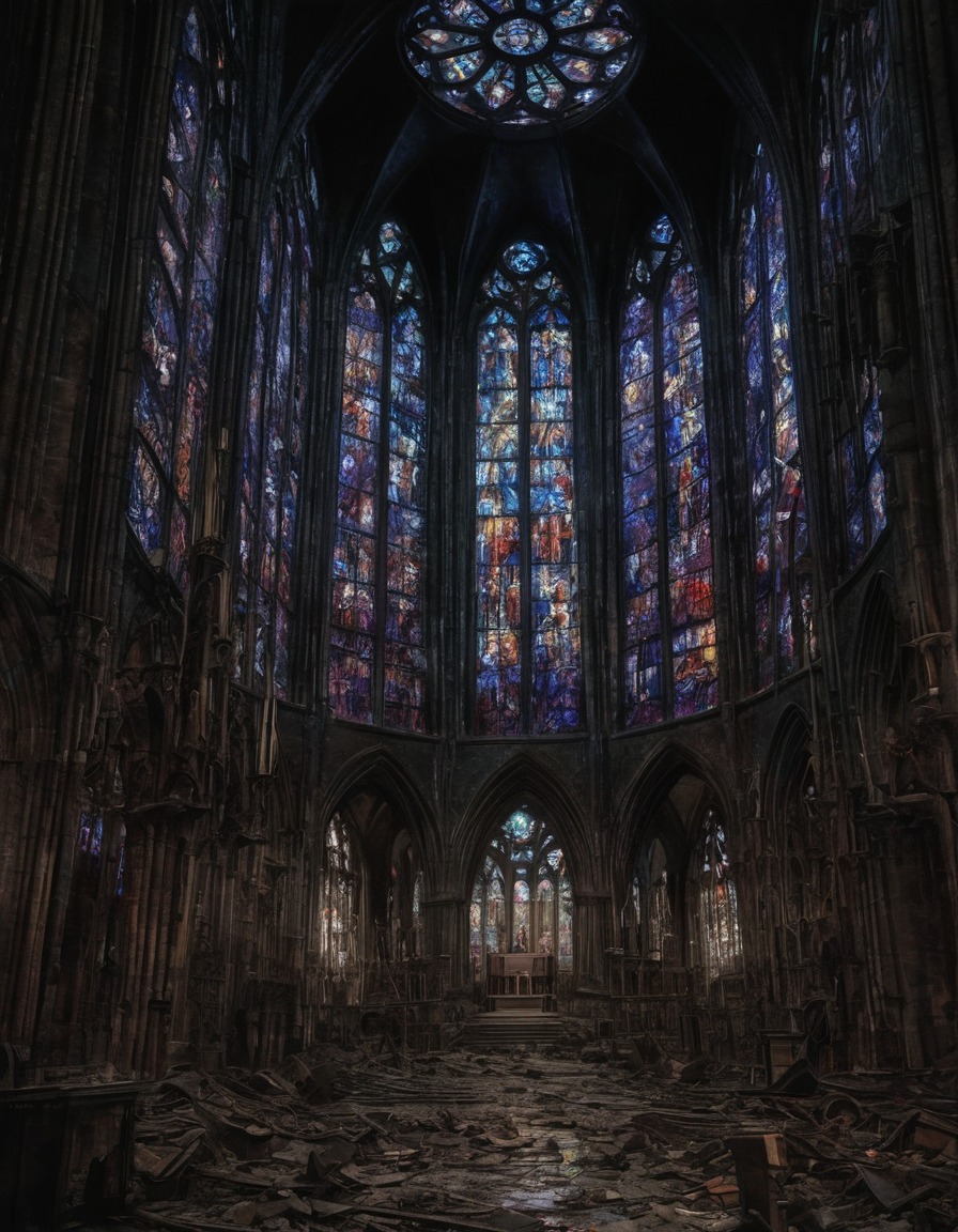 cathedral, stained glass windows, despair, death, gothic, underground, dark