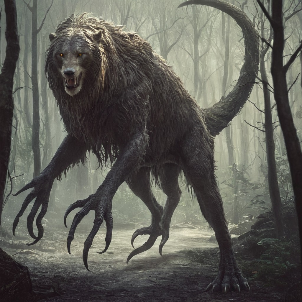 horror, monster, creature, creepy, werewolf, beast, dreamup, digitalart, forest, spooky, characterdesign, fantasyart, ghost, spirit, magic, ai_art, creepycryptids