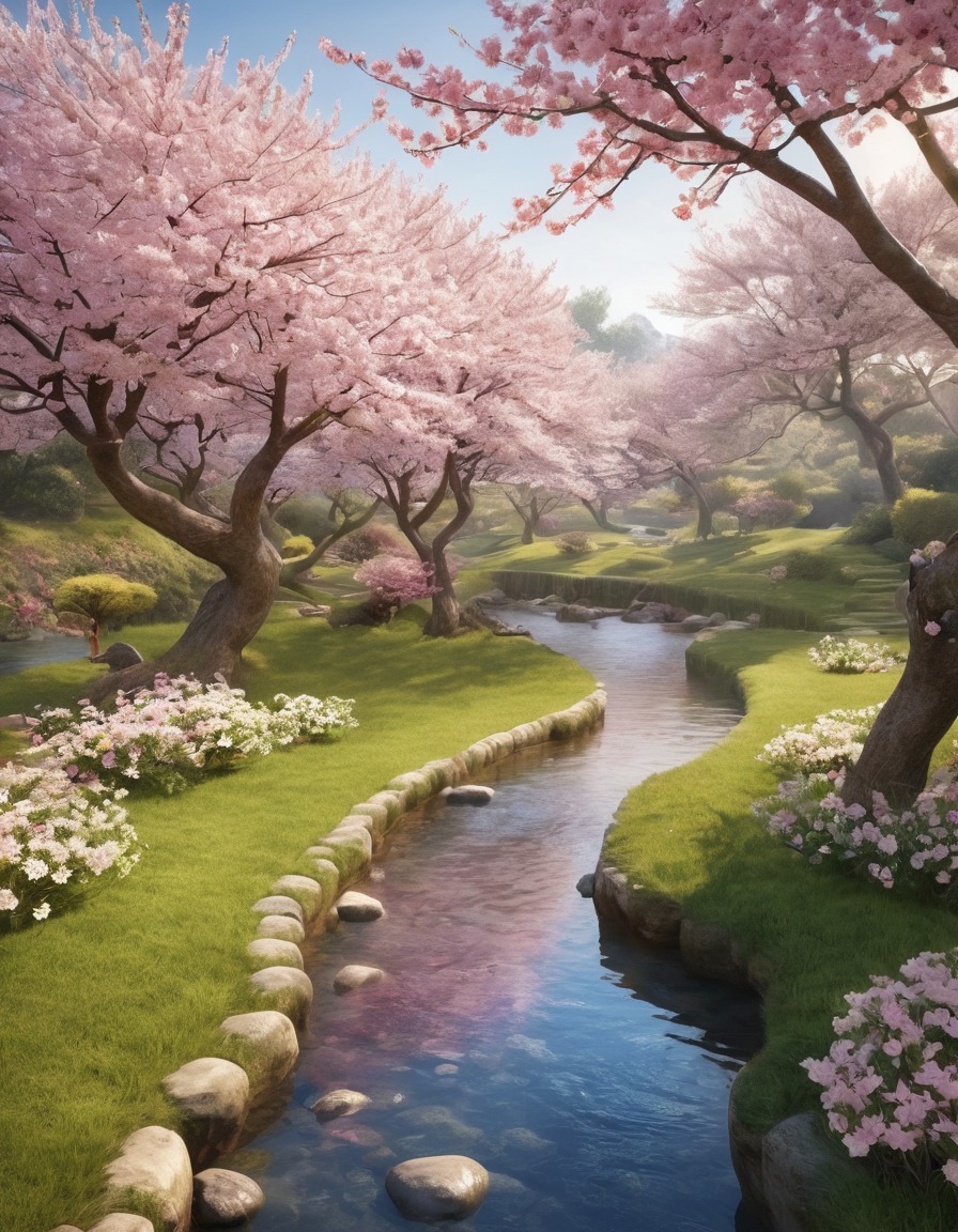 garden, cherry blossoms, stream, nature, tranquility