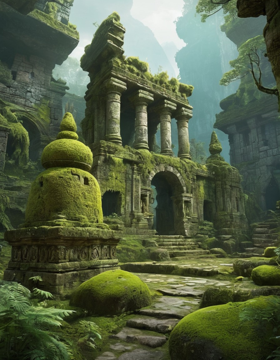 ancient ruins, glowing moss, spirits, fantasy, nature, fantastic