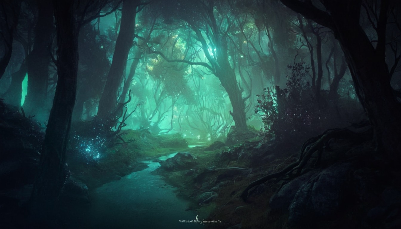 atmosphere, background, branches, culture, deep, diel, digital, drawing, dream, eerie, elves, fantasy, foreat, forest, game, glow, hidden, houses, hut, hutts, illustration, landscape, leave, leaves, light, lights, nele, painting, scenery, secret