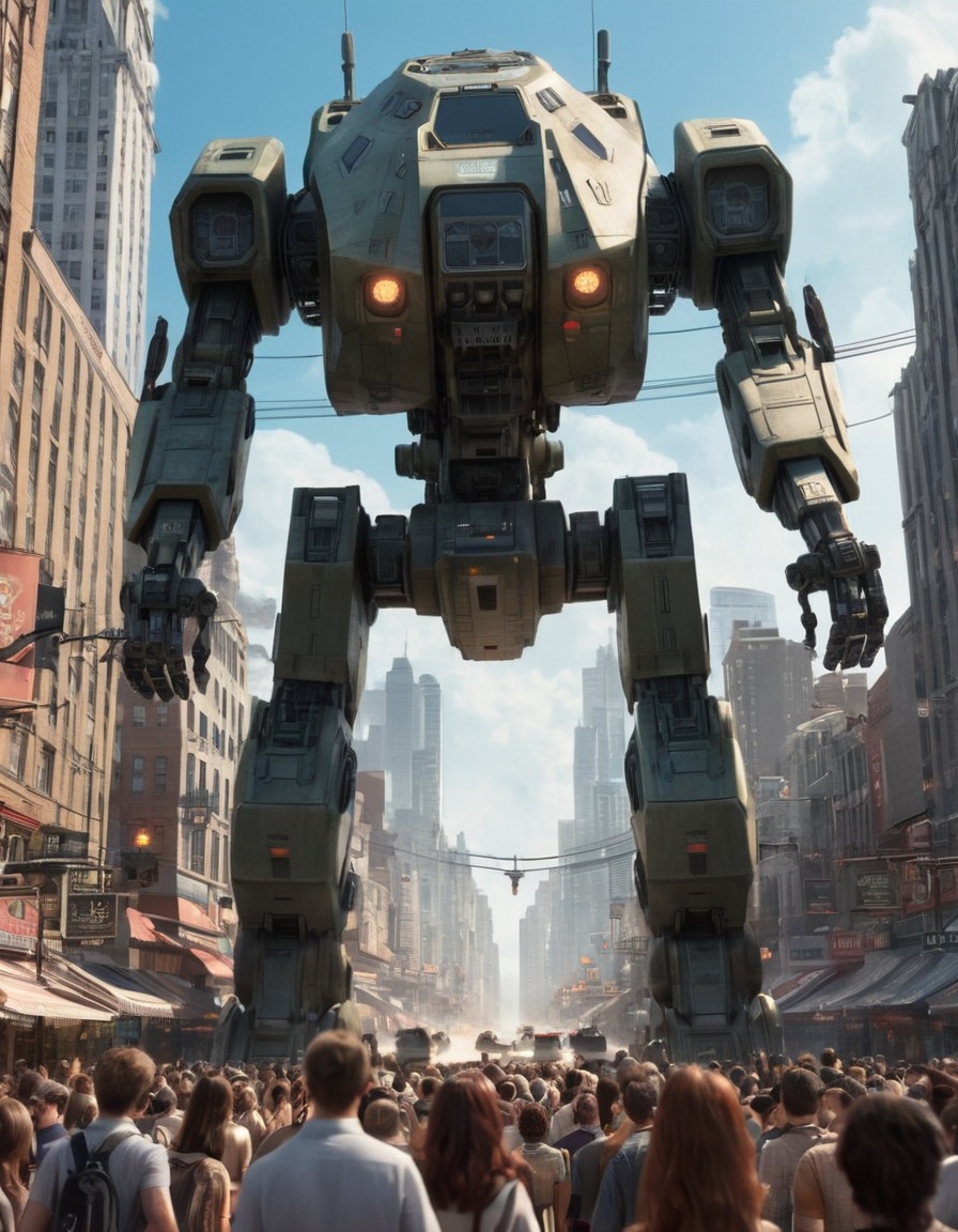 robot, ed-209, sci-fi, futuristic, urban, cityscape, crowd, robots, games, movies