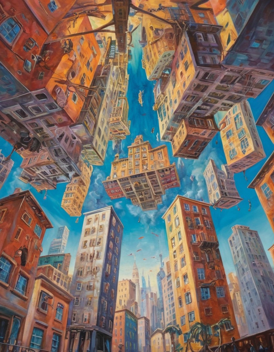 cityscape, upside-down, surreal, architecture, gravity, imagination