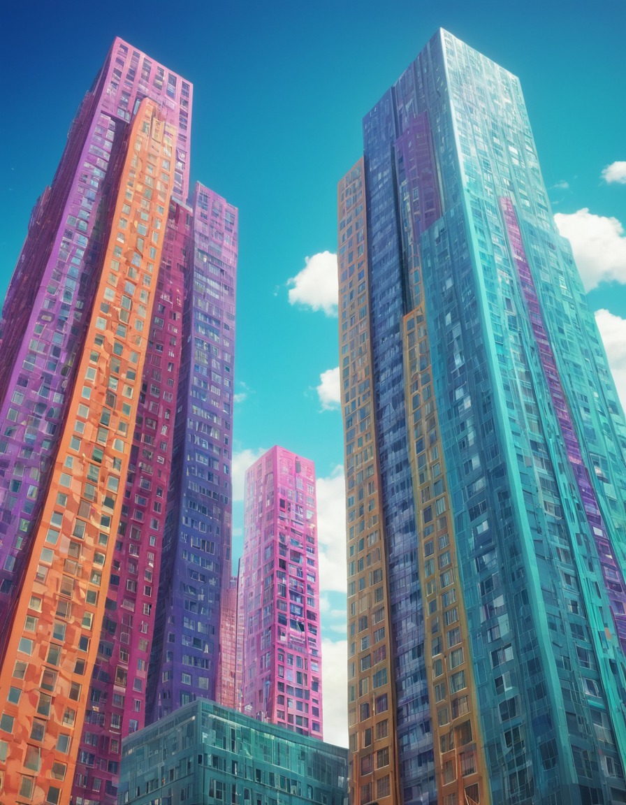 architecture, skyscraper, postmodern, colorful, whimsical, shapes, patterns