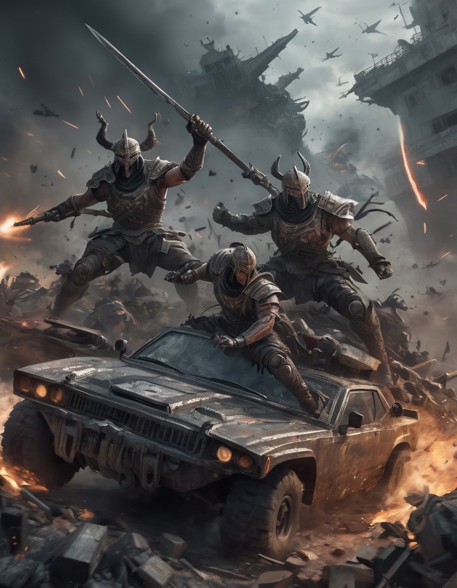 warriors, battle, vehicles, chaos, mad max