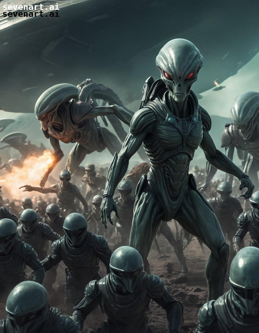 An alien commander leading the charge, surrounded by their loyal army ...