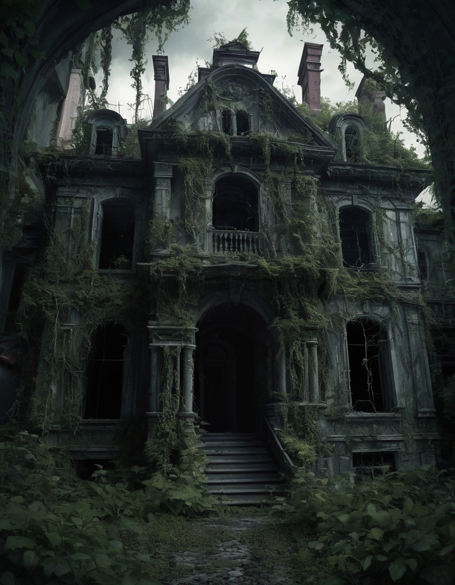 haunted mansion, decrepit walls, twisted vines, overgrown, spooky landscape, gothic, underground, dark