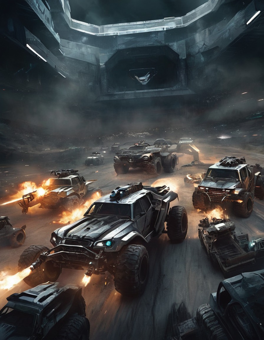 futuristic, arena, vehicular combat, modified vehicles, mad max