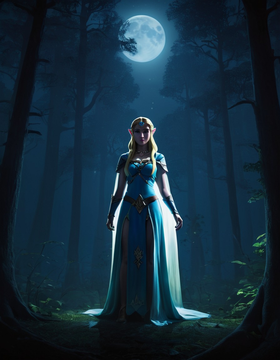 princess zelda, moonlit, forest, shadows, games, dark