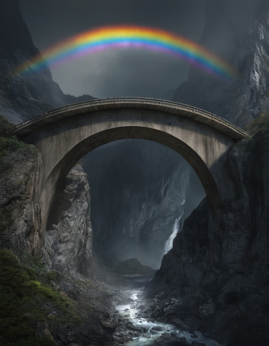 mystical, rainbow bridge, mountains, chasm, nature, wonder, transcendence