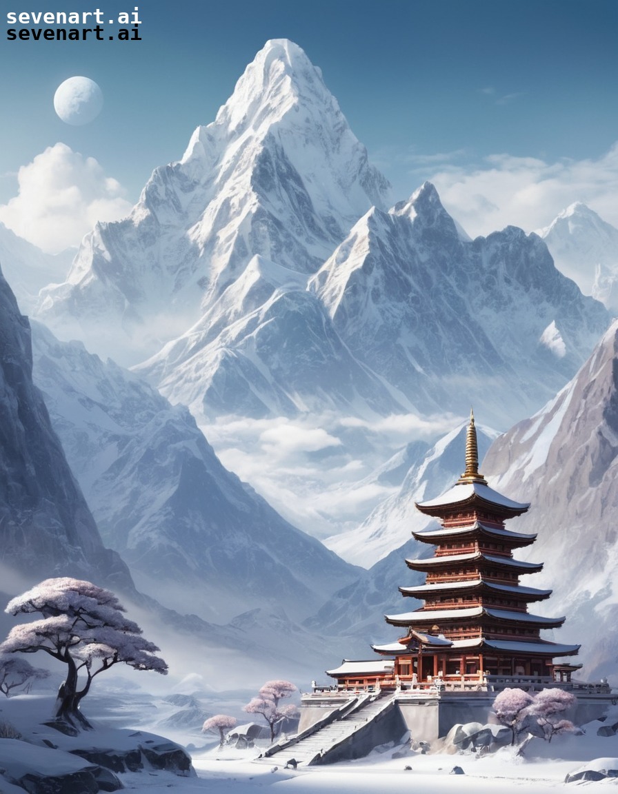 buddhist temple, mountains, snow-capped, serene, landscape