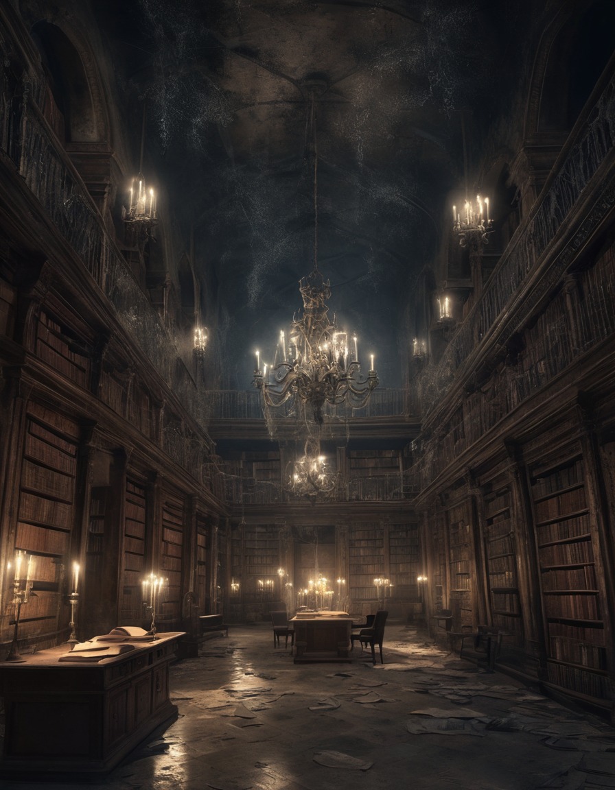 ancient library, dusty books, cobweb-covered chandeliers, eerie silence, gothic, underground, dark