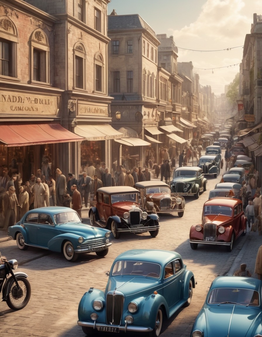 vintage cars, motorcycles, bustling street, people, cityscape