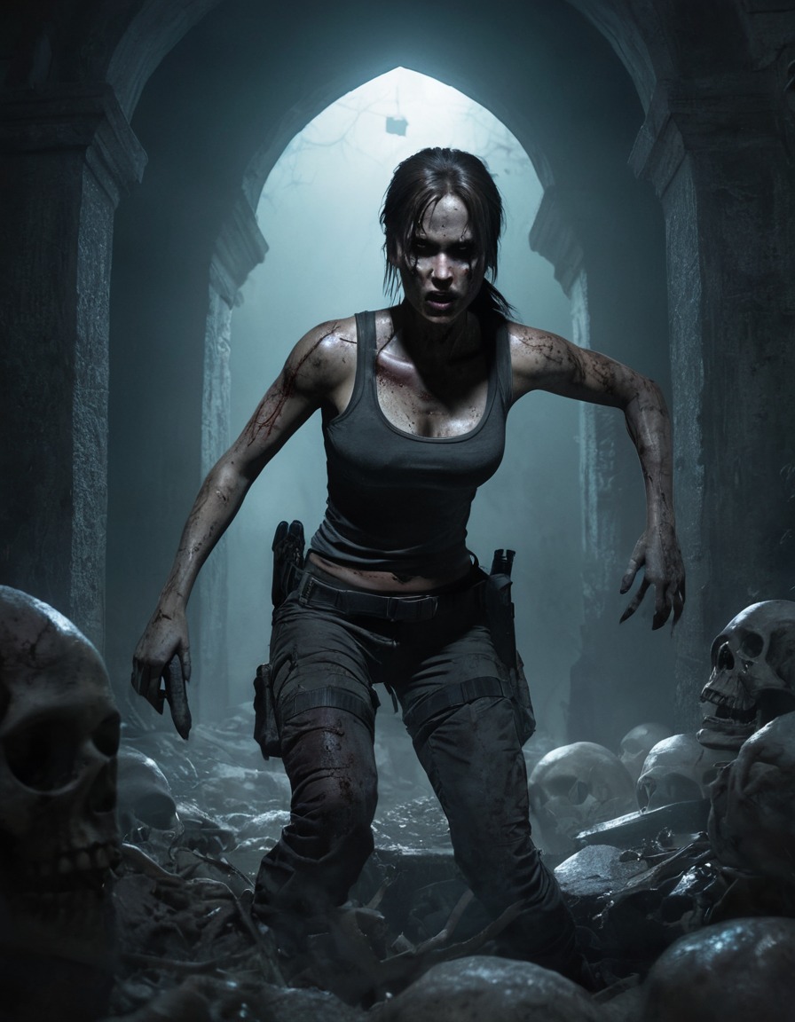 lara croft, tomb raider, zombie, crypt, horror, reimagined