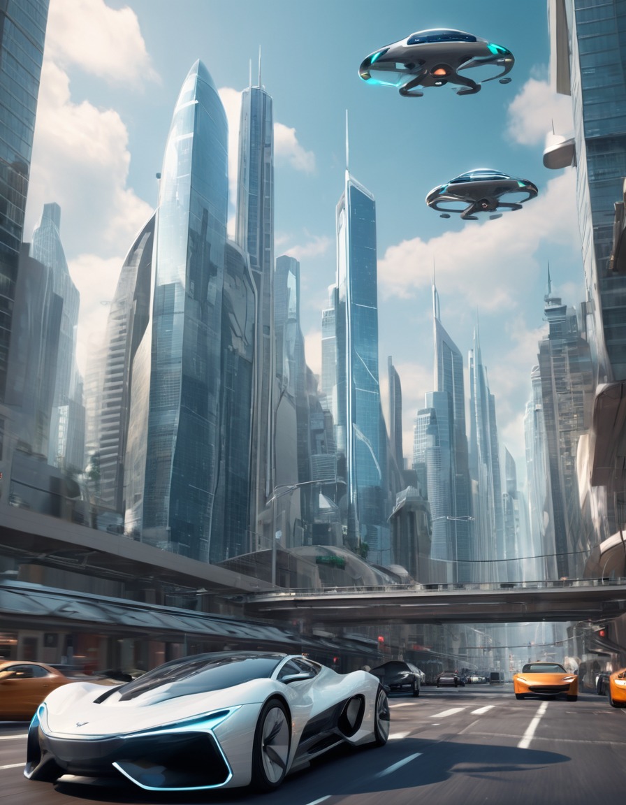 futuristic, cityscape, skyscrapers, clean energy, flying cars, future