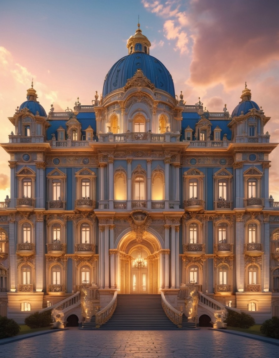 baroque style, palace, dusk, architecture, grandeur, dramatic lighting, intricate details