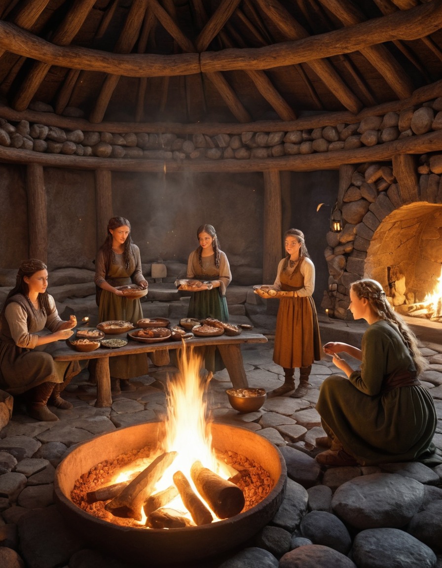 women, communal meal, hearth, viking longhouse, 900 ad, ancient, cultural traditions