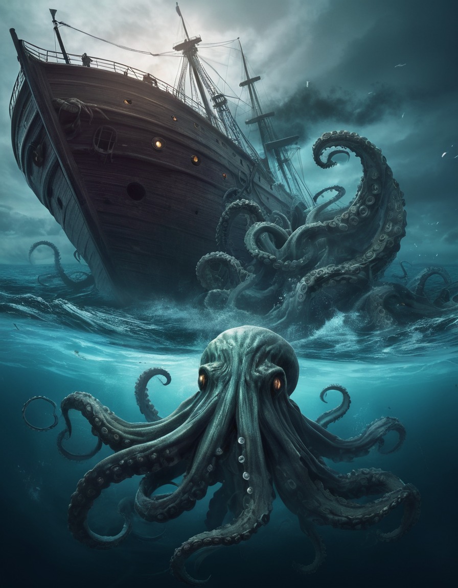 kraken, ocean, shipwreck, sea monster, fantasy