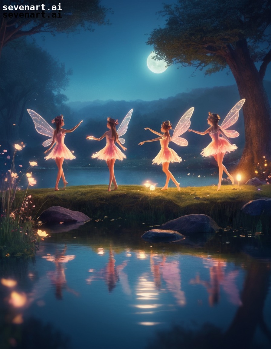 fantasy, fairies, glowing pond, dusk, magic