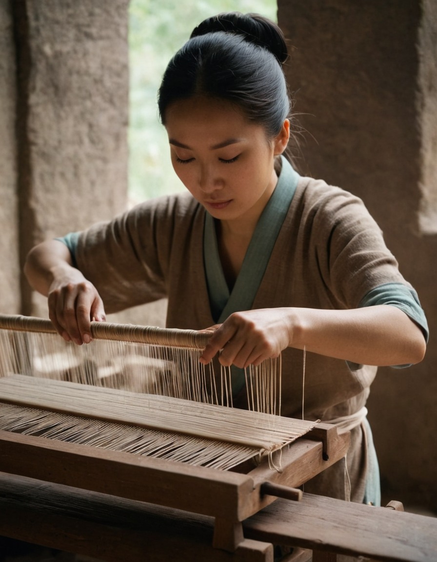 ancient china, weaving, simple loom, craftsmanship, textiles, ancient technology, traditional skills