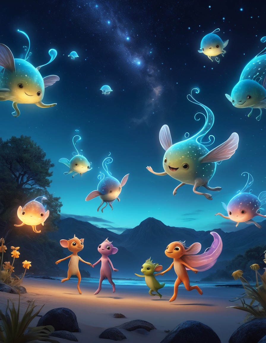 fantasy, whimsical, bioluminescent, creatures, starlit sky, fantastic