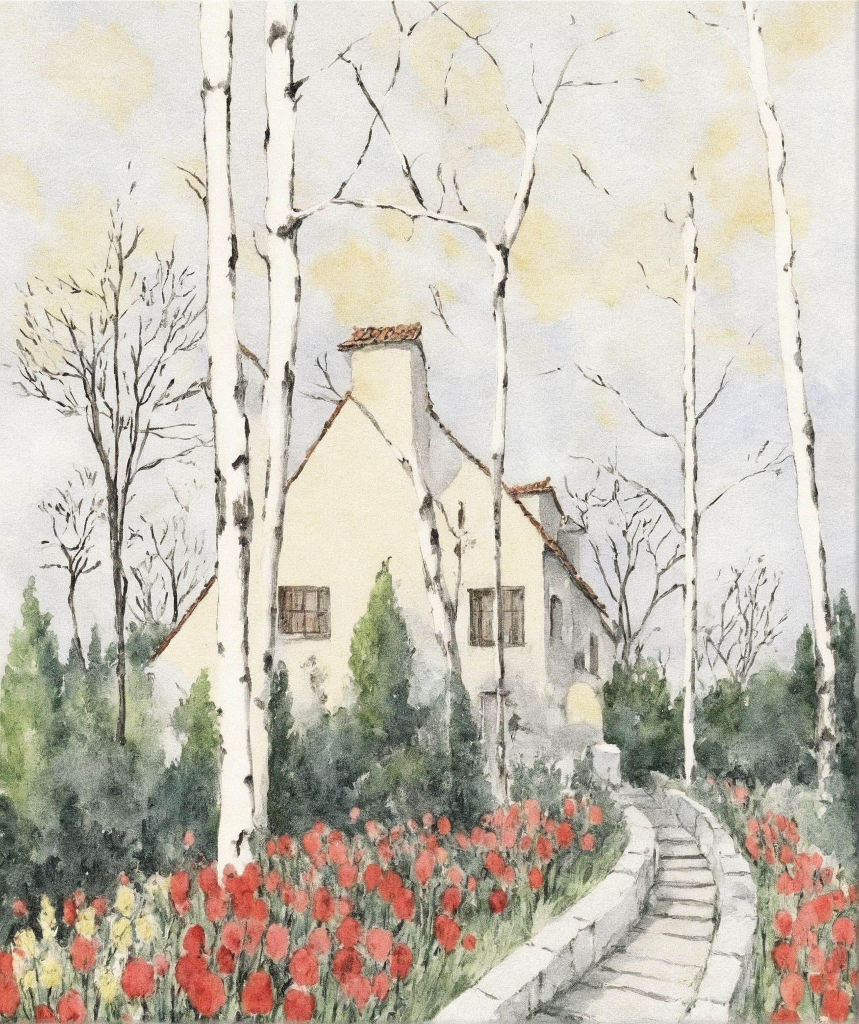 landscape, illustration, tulips, houses