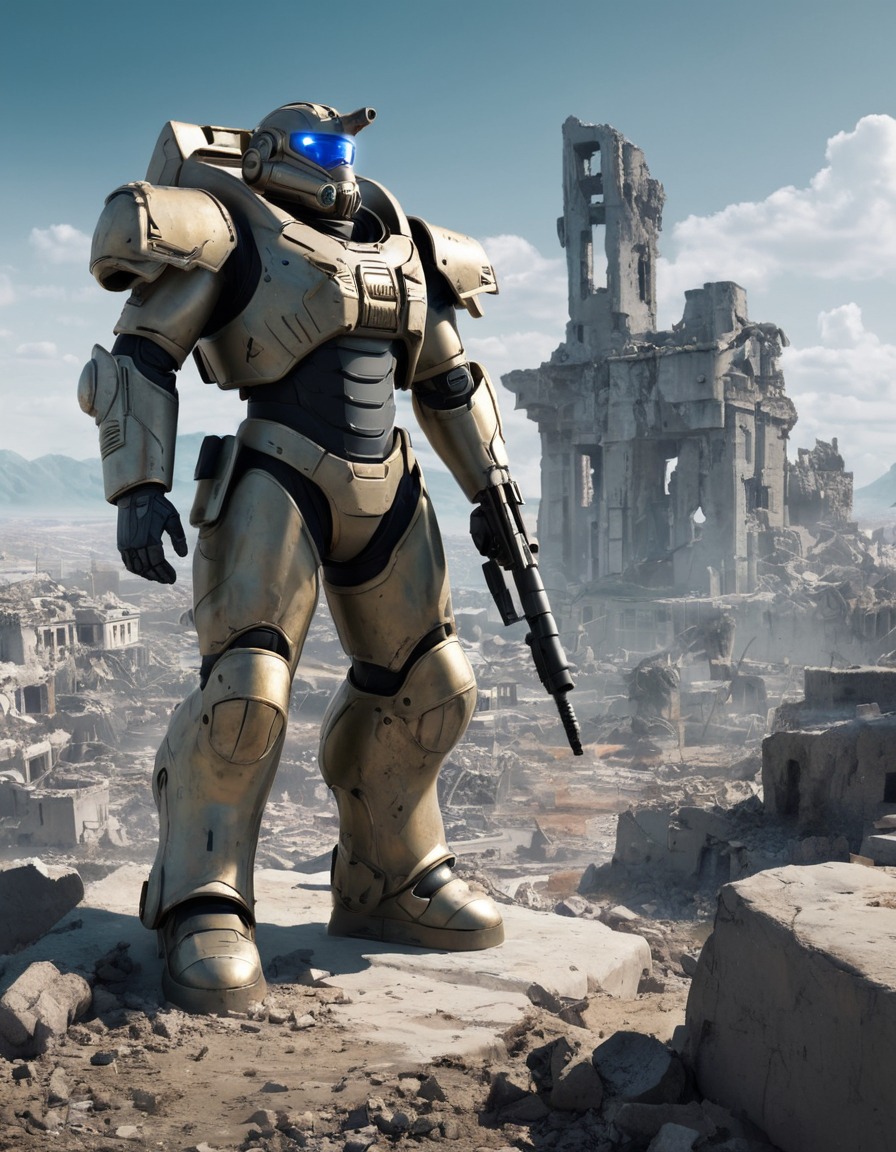 power armor, laser rifle, ruins, futuristic, post-apocalyptic, fallout, games, tv shows