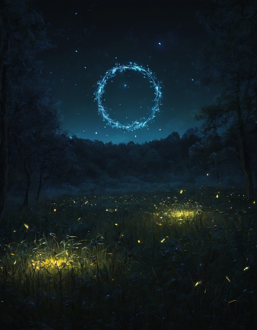 mystical, fireflies, moonlit meadow, glowing, circle, nature, night