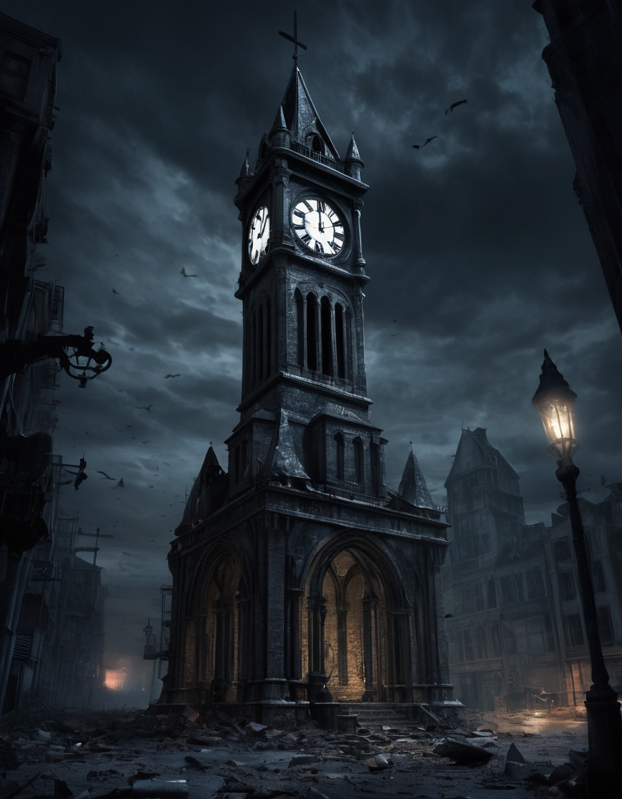 clock tower, striking midnight, gothic, bells, deserted streets, underground, dark