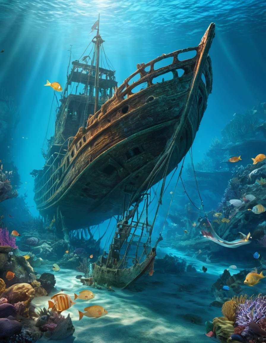 sunken shipwreck, mermaids, sea creatures, fantasy scene