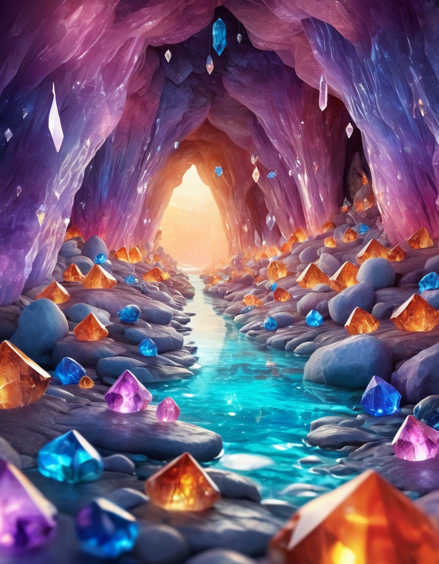 crystal cave, gemstones, crystal foxes, iridescent fur, fantastic