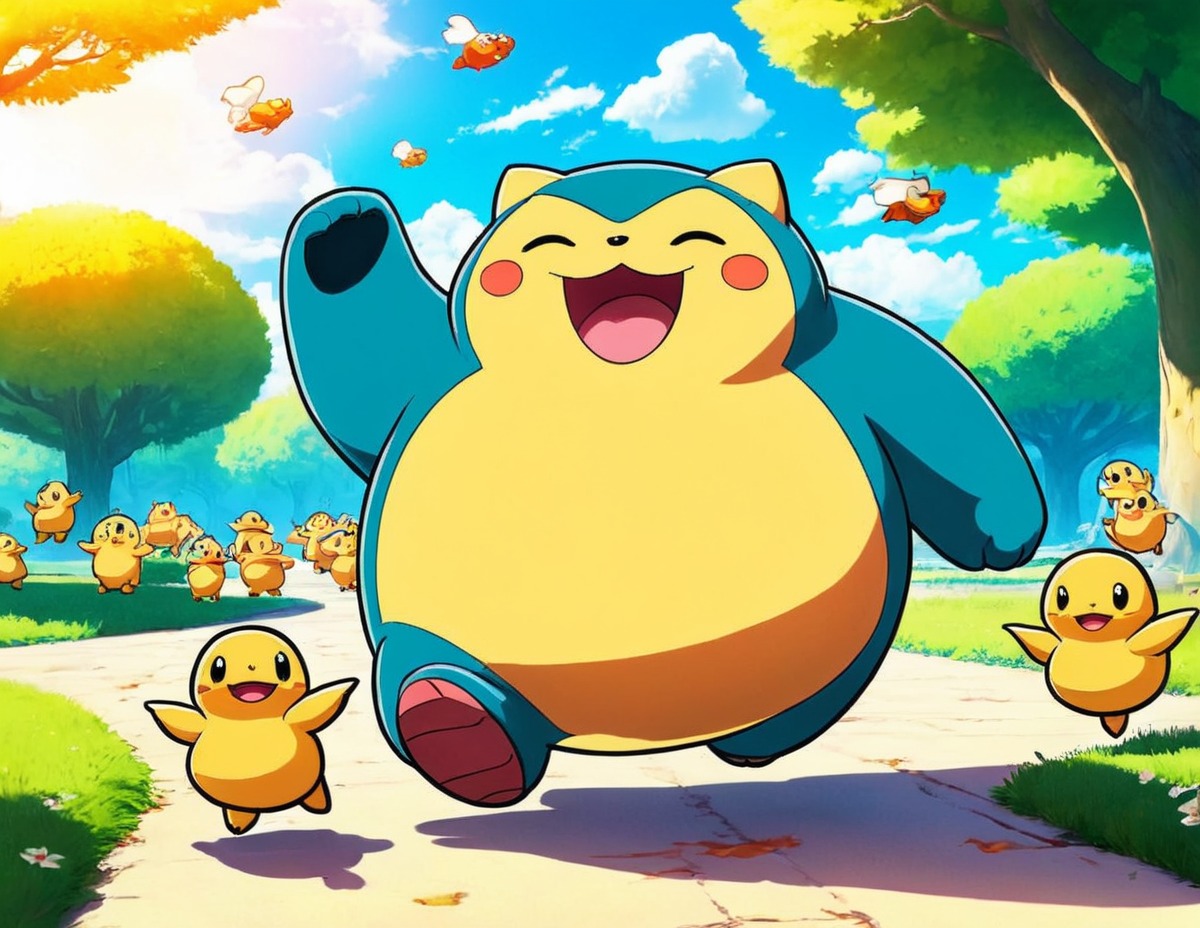 videogamefanart, pokemon, pikachu, anime, fanart, ducklings, snorlax, dailychallenge, free_download, ai_artwork