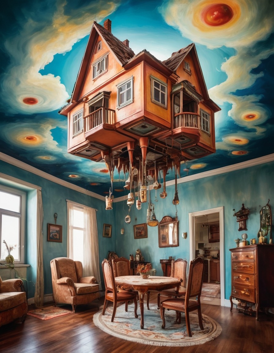 upside-down, house, furniture, ceiling, surrealism, surreal