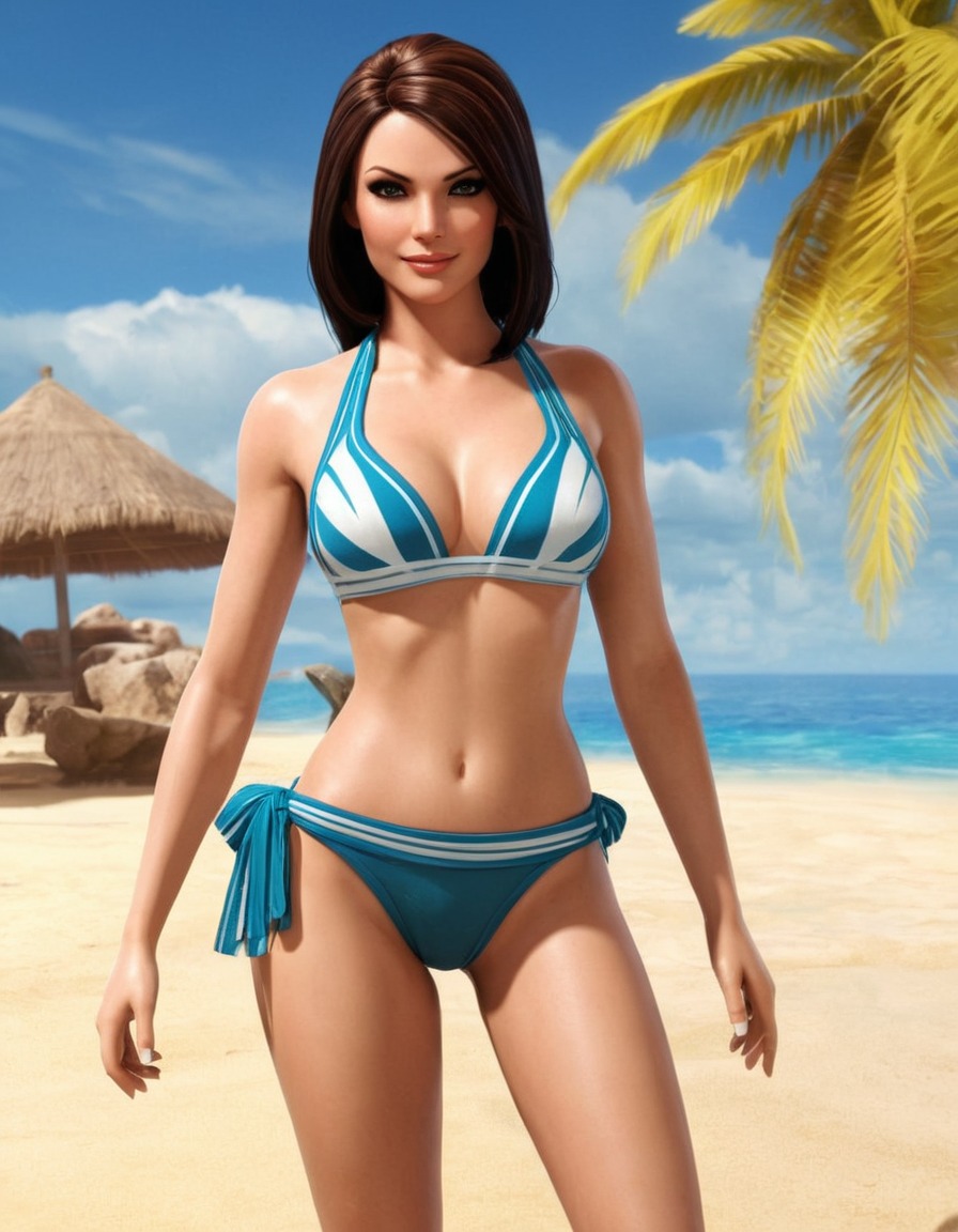 miranda lawson, mass effect, video game character, beach, bikini, tropical, relaxation, games, girls from games