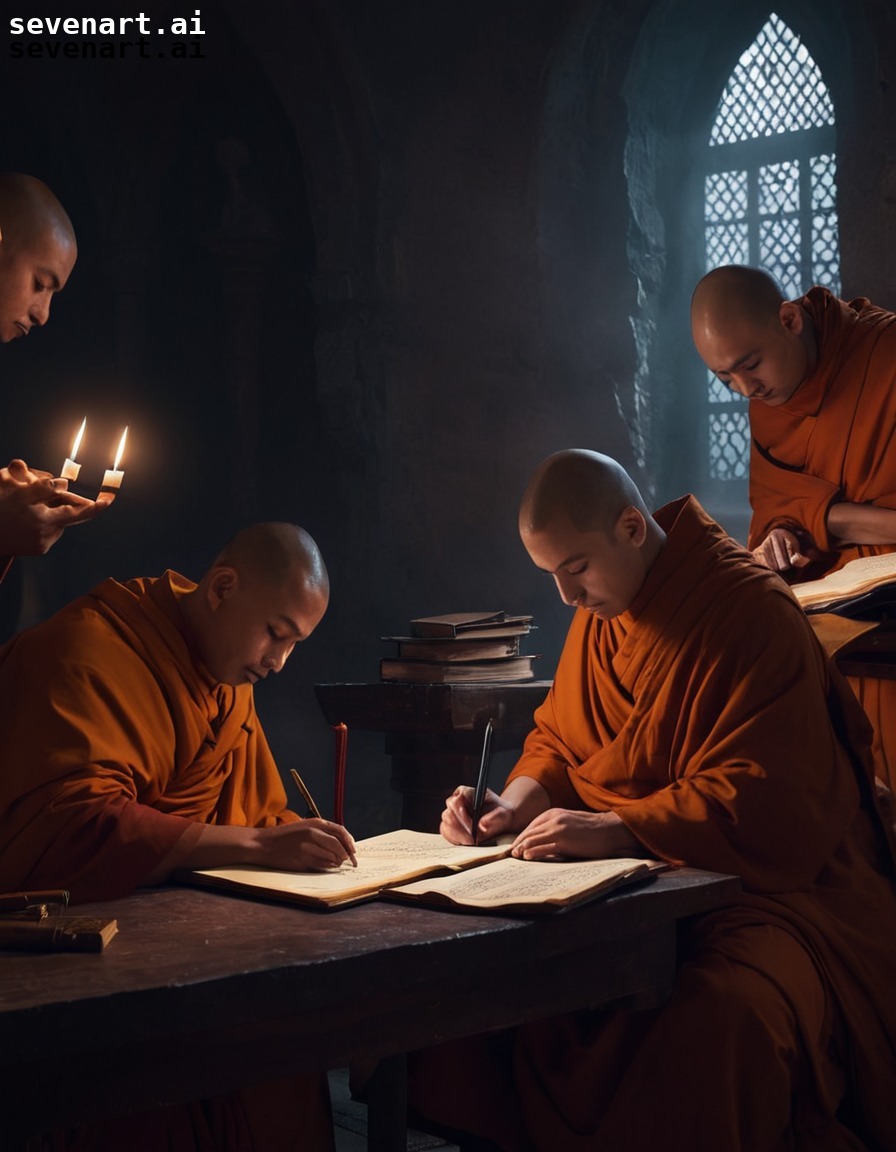 monks, transcribing, manuscripts, scriptorium, dimly lit, middle ages